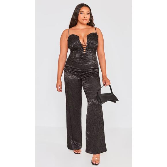 PrettyLittleThing Pants - PrettyLittleThing Black Jacquard Satin Lace Up Corset Jumpsuit Size 12 Romantic